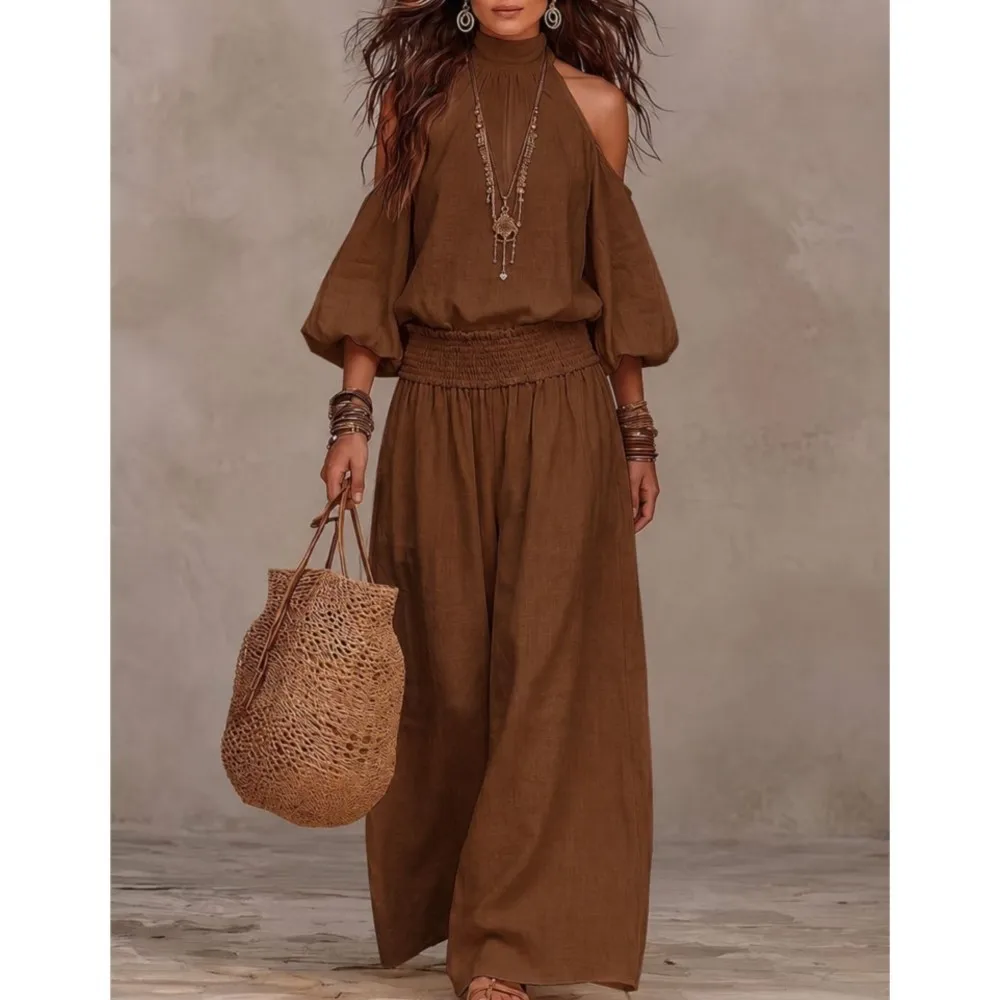 Fashion Hollow Long-sleeved Top Women Casual Half-high Collared Trousers 2piece Suit Autumn Loose-fitting Wide-leg Trousers Suit