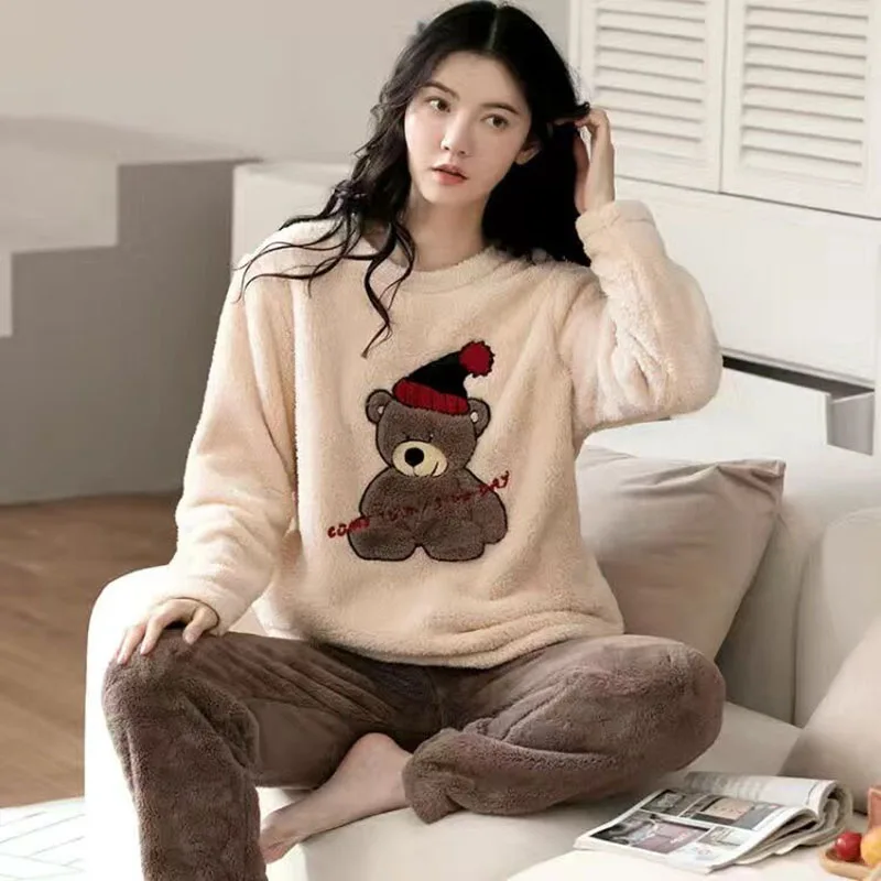 2PCS/Set Thickened Warm Fashion Autumn and Winter Pajamas Long-Sleeved Women Coral Velvet Cute Cartoon Grizzly Bear Comfortable