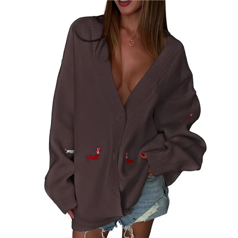 AT05-Women's Fall Graphic التطريز زر أسفل سترة الخامس الرقبة دافئ مضحك سترة متماسكة سترة معطف #3