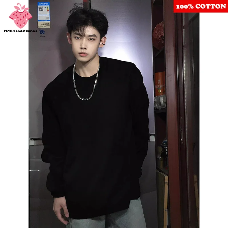 

Fashion Solid color Long sleeve T-shirt 2025 Autumn New Men 100% Cotton High quality Loose Casual Black T-shirt Top Men clothing