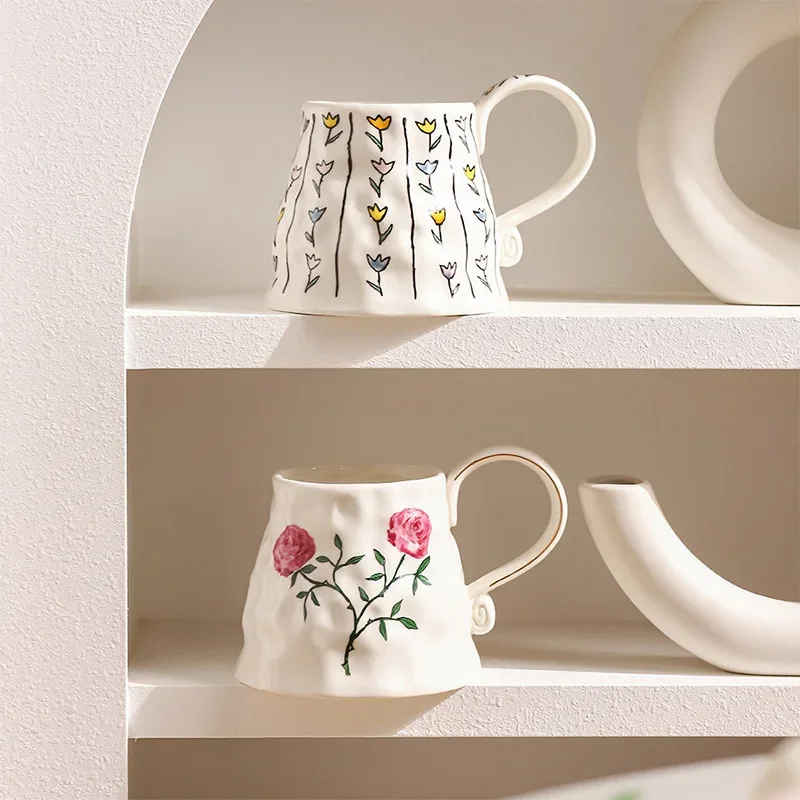 Large Ceramic Floral Coffee Mug with Big Handle Oversized 20oz Girly Rose Tulips Tea Cup for Women Valentine Gift Latte Tea Milk