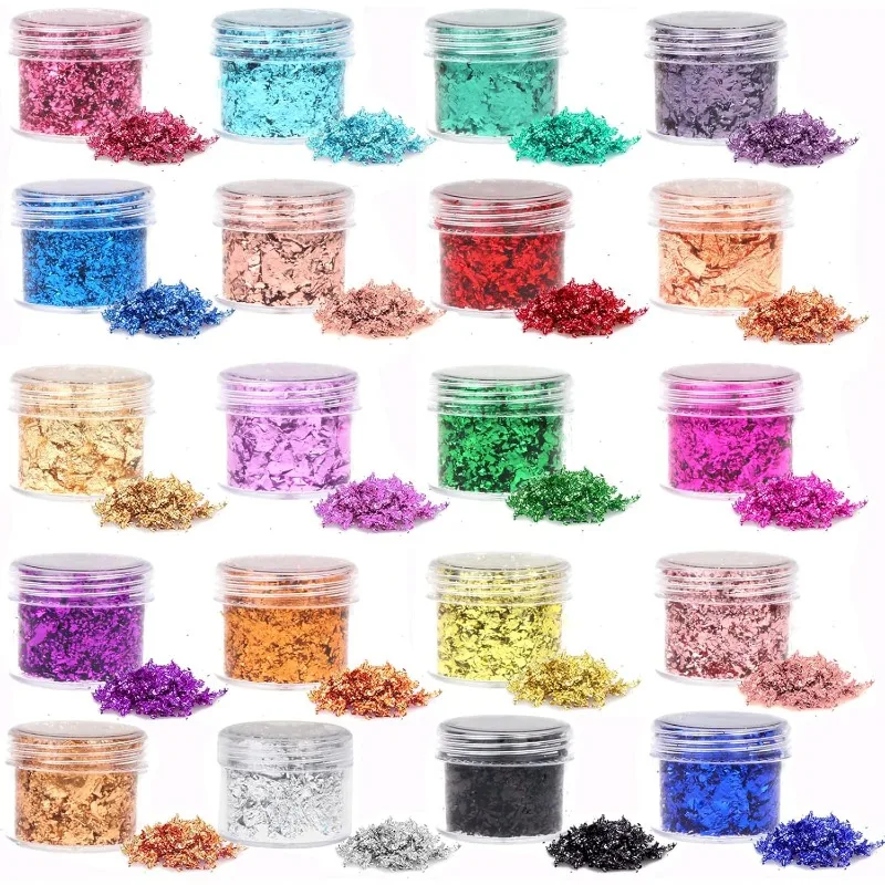 رقائق رقائق الذهب، رقائق التذهيب 20 لونًا، رقائق رقائق معدنية، رقائق رقائق الذهب المقلدة مع ملاقط للراتنج، فن الأظافر