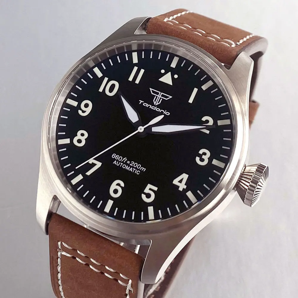 

Tandorio New Glass Back Pilot 43mm Watch Simple Black Sapphire Glass 200m Waterproof Automatic NH35A PT5000 Mechanical Watches