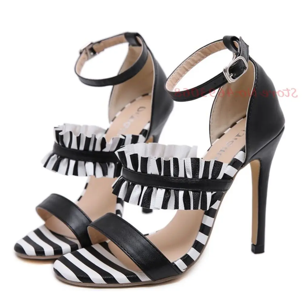 

Striped Ruffles High Heels Sandals Women Summer White Black Thin Heel Pumps Casual Party Peep Toe Heels 2022 Women's Sandals