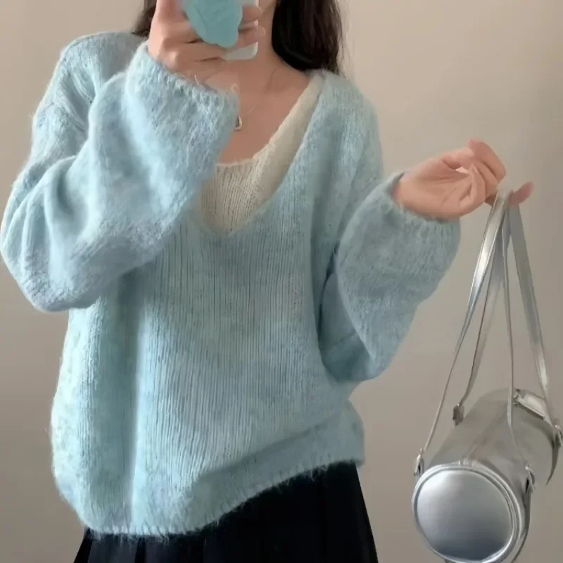 

Осень-зима, пуловер с длинными рукавами, женские вязаные рубашки, модные женские однотонные трикотажные изделия с v-образным вырезом, повседневные свитера, вязаные топы