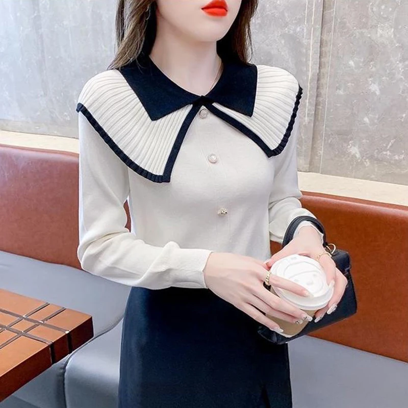 Korean Contrast Color Doll Collar Lapel Long Sleeve Slim Knitted Sweater For Women