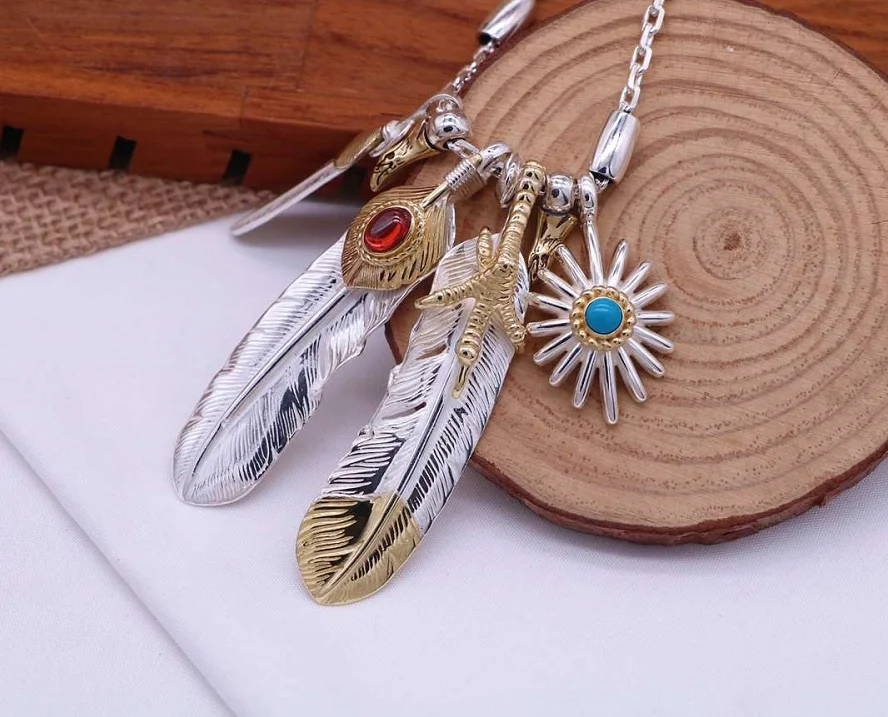 Japanese and Korean trendy S925 sterling silver feather necklace pendant Indian trendy popular versatile T-shirt sweater chain