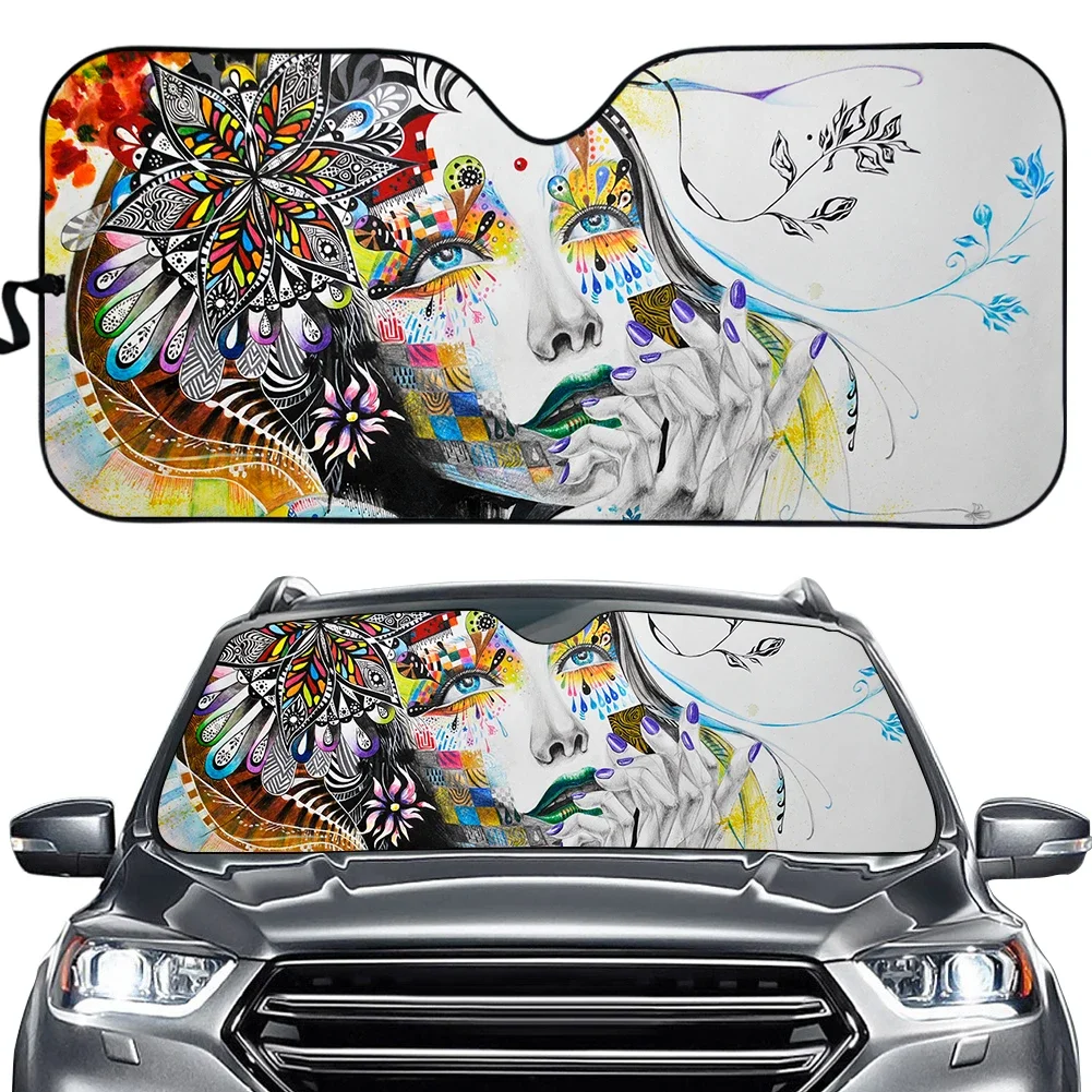 

Pretty Artist Women with Plumeria Car Interior Protector Universal Car Windshield Covers Durable UV Sun Shades Cover