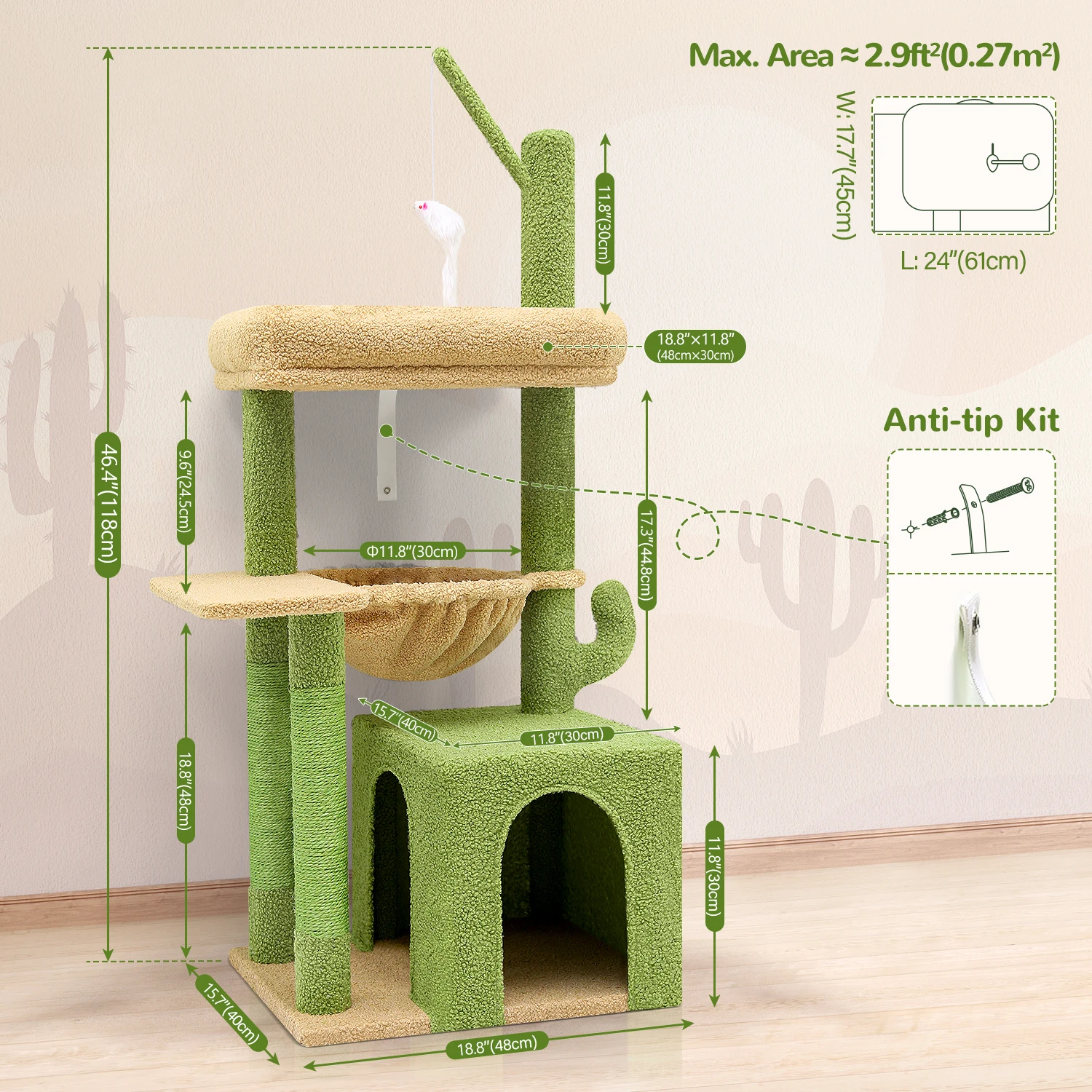 F46A Cactus Cat Tree Tower | 46-Inch Sturdy Cat Condo with Scratching Posts, Hammock, and Anti-Tip Kit, Green