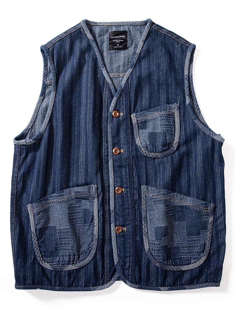 

Loose Fit V-Ne Men's Denim Jaet Spring Season Retro Splicing Color Blo Vintage Japanese Sle Workwear Vest with kets