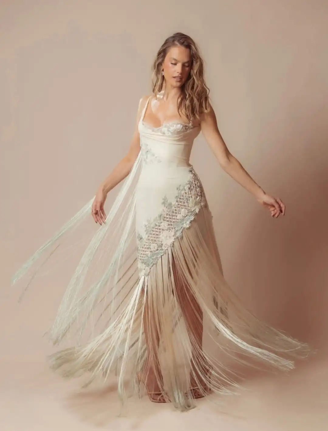 

Ofherown Elegant Beaded Lace Appliques Tassel Prom Gown Spaghetti Strap Evening Dress Formal Party Wedding Guest Prom Dress