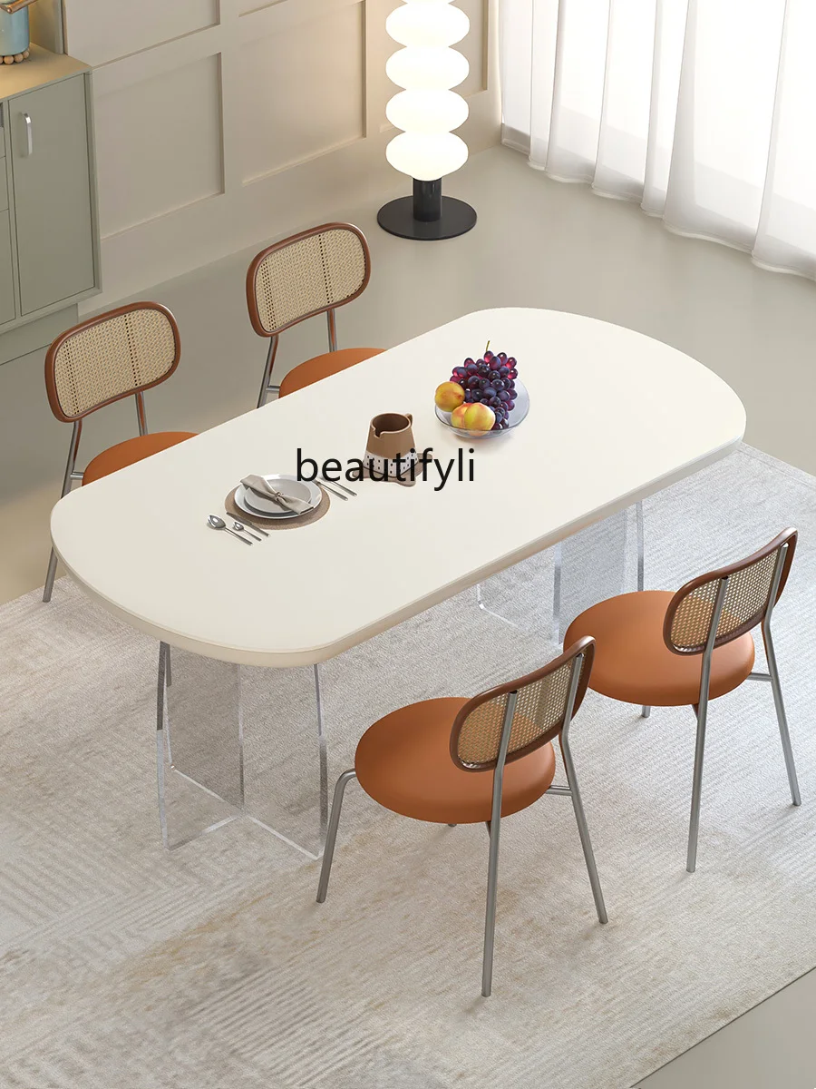 

Light French Dining Table Cream Style Pure White Stone Plate Simple Acrylic Large Long Table Home Dining Table Combination