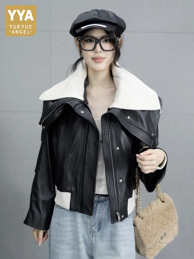 New Designer Women Lapel Collar Loose Fit Sheepskin Genuine Leather Jacket Casual Streetwear Outwear Coat Spliced Bomber Jackets