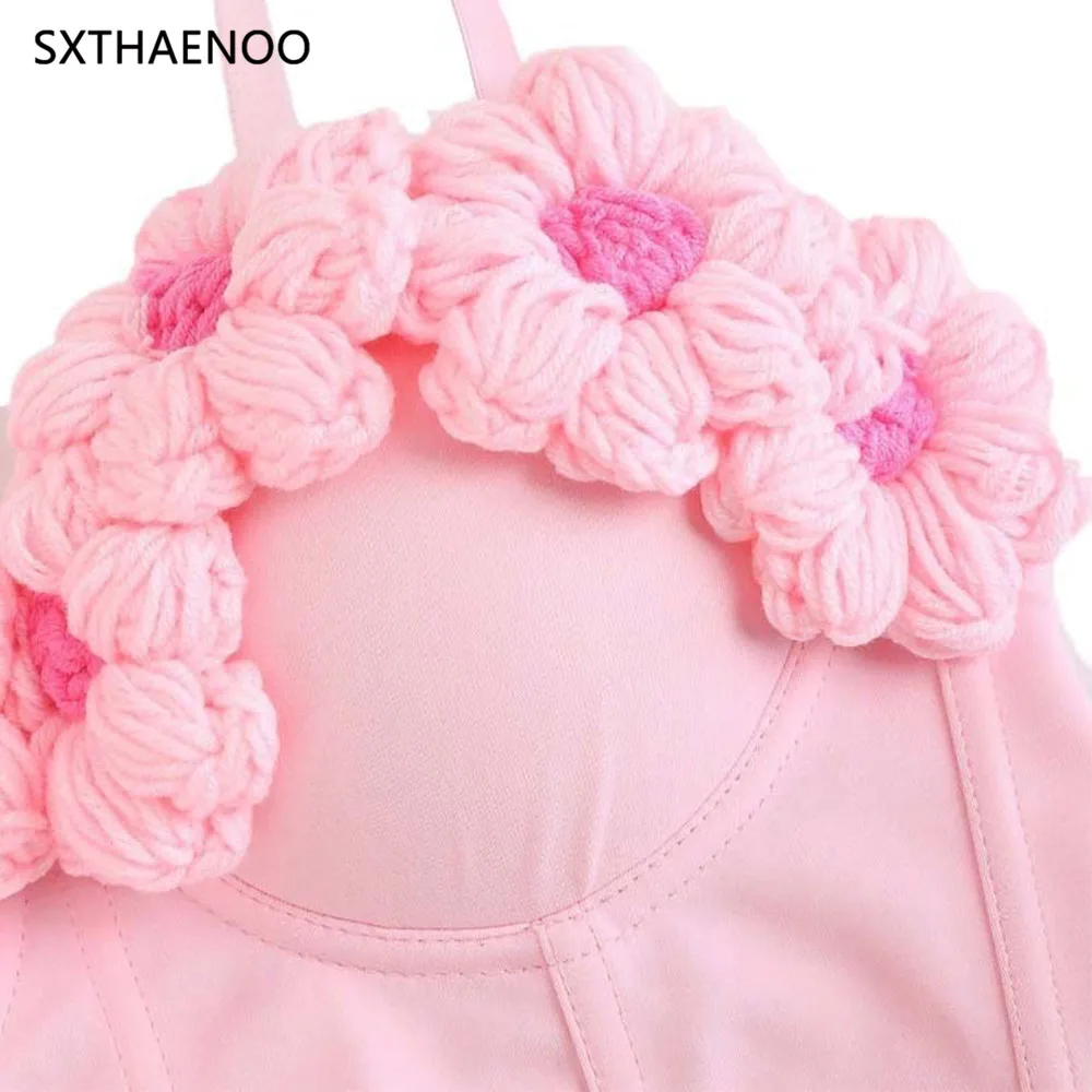 SXTHAENOO 섹시한 아플리케 꽃무늬 코르셋 여성용 Bachelorette Bustier Bra Cropped Top Party Bralette Knit Vest High Street