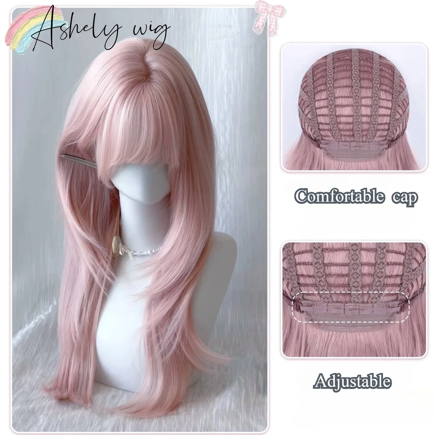 Peruca rosa para mulheres, peruca de cabelo de 26 polegadas com franja, fibras de alta temperatura, lolita, peruca fofa em camadas, perucas sintéticas, faixa de cabeça