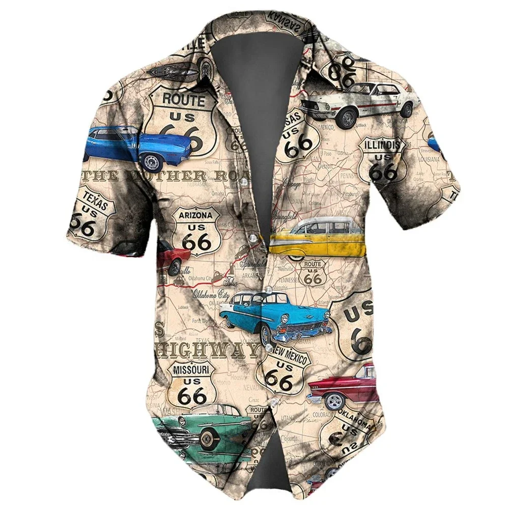 Washed Map Newspaper Style Men Shirts Route 66 Old Fashion Short Sleeve Shirt For Men Lapel Oversize Men Tops