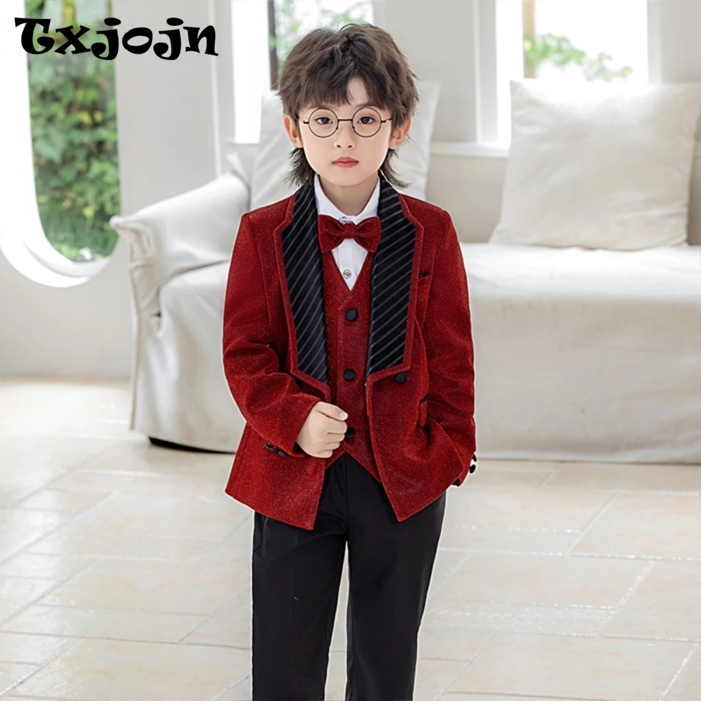 

Glitter Double Breasted Boys Suits 4 Pieces Host Costumes,High Quality Kids Suit Set Wedding Guest Outfit,New Handsome Tuxedo