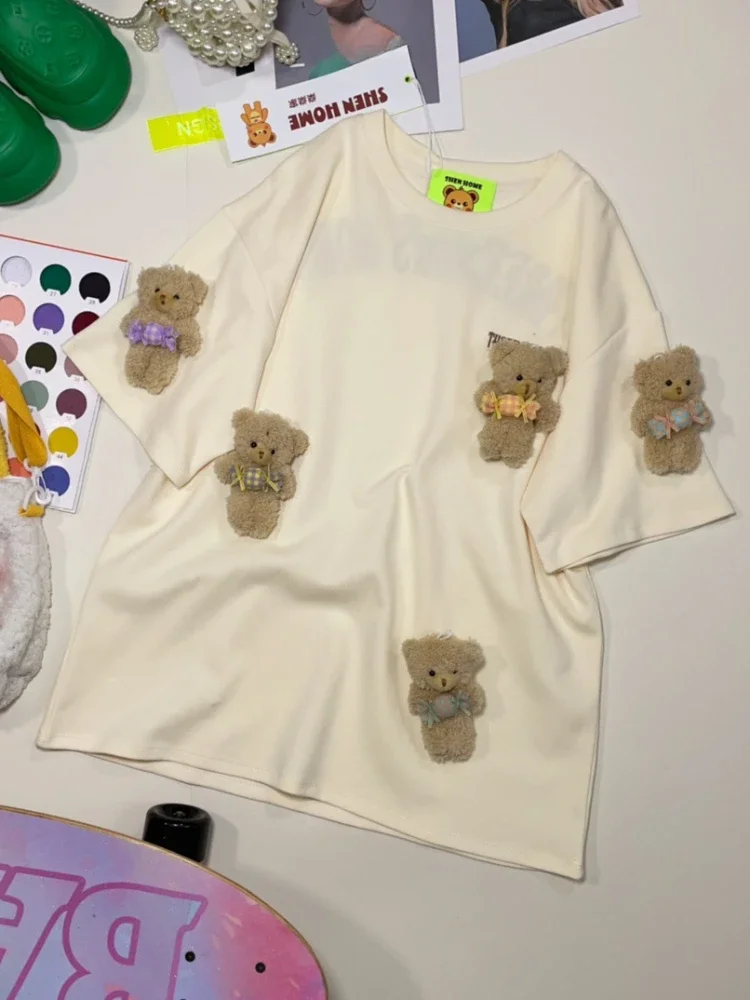 Korean Style Loose and Cute Bear Brooch Short-Sleeved T-shirt 2024 Spring Summer Crew Neck Casual Embroidered Solid Color Top