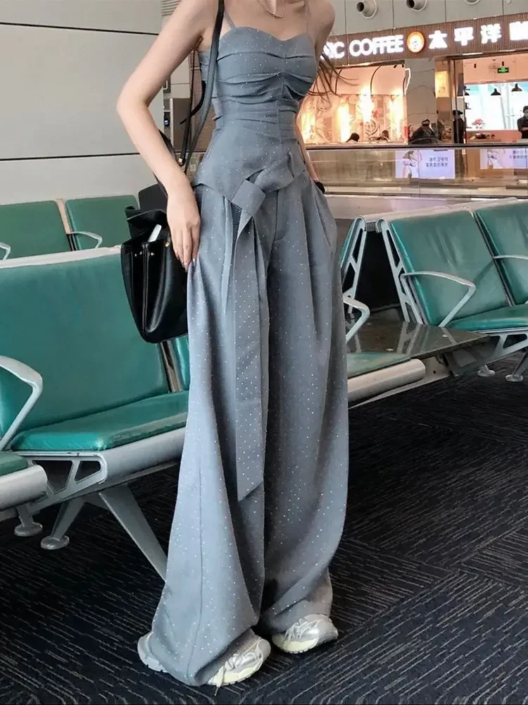 

Summer Hot Girl Style Fashionable High-end Designed Diamonds Strap Top and Wide-leg Casual Pants Two Piece Sets Womens Outifits
