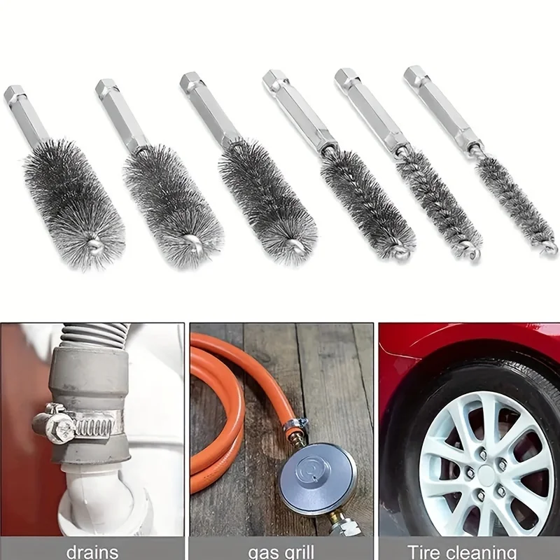 6pcs Stainless Steel Wire Tube Brush, Multi-specification Steel Wire Brush, Deburring, Rust Removal, Hole Cleaning Brush