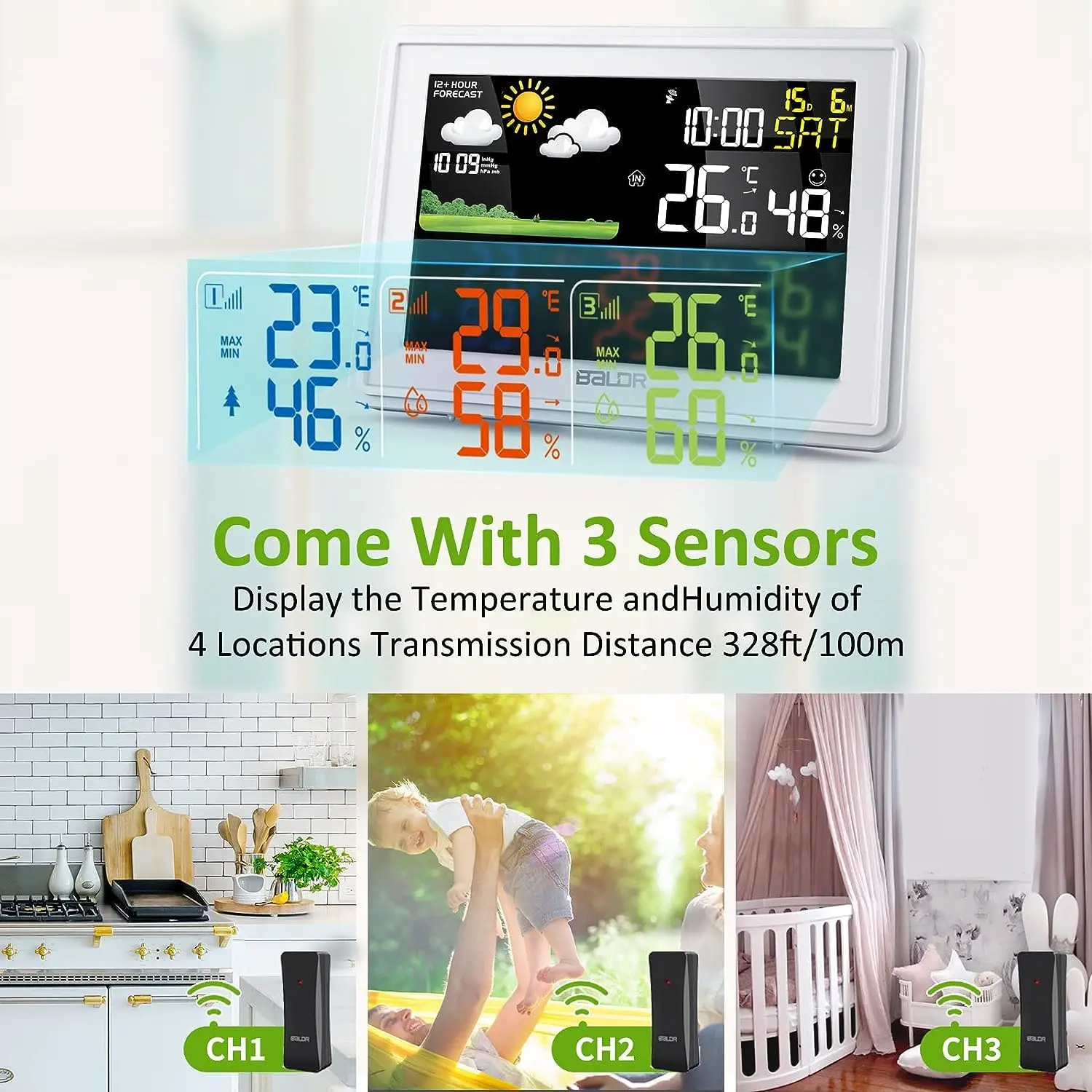 

Wireless Weather Station with 3 Sensors, Color Display Digital Atomic Clocks with Indoor Outdoor Temperature