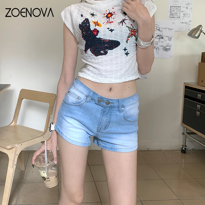 Zoenova Harajuku Street Y 2K Dames Denim Shorts Zomer Nieuwe Mode Dames Sexy Lage Taille Dubbele Knoop Slanke A-Line Casual Jeans