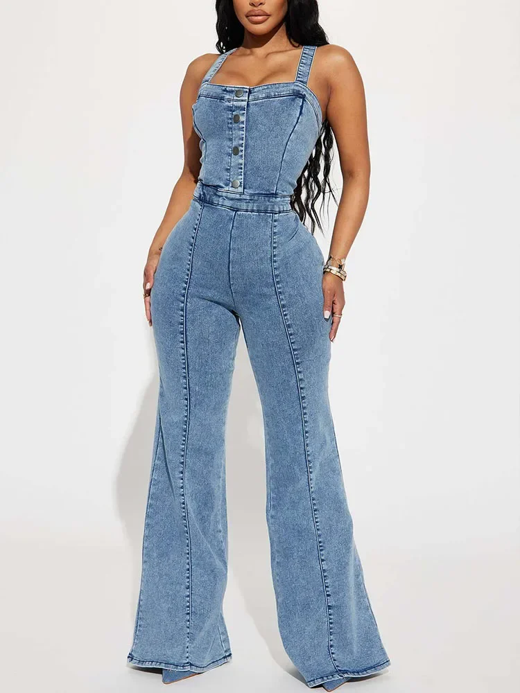 Streetwear Vintage Denim Overall Frauen Flare Hosen Hohe Taille Spaghetti Strap Ärmellose Jeans Casual Strampler Monos Para Mujer