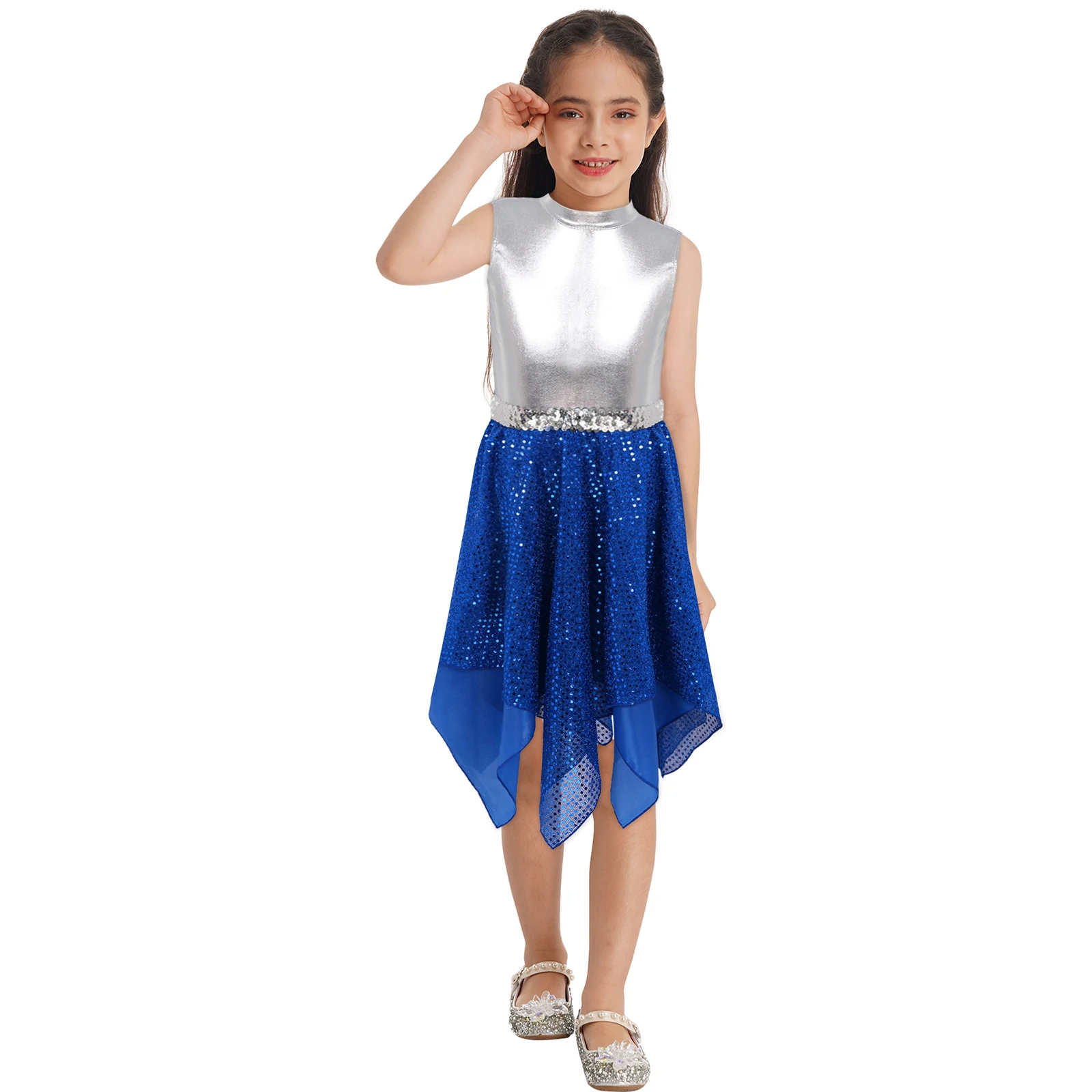 

Kids Girls Lyrical Dance Dress Shiny Sequins Sleeveless Round Neck Hollow Back Bronzing Cloth Ballet Tutu Mesh Leotard Dress New