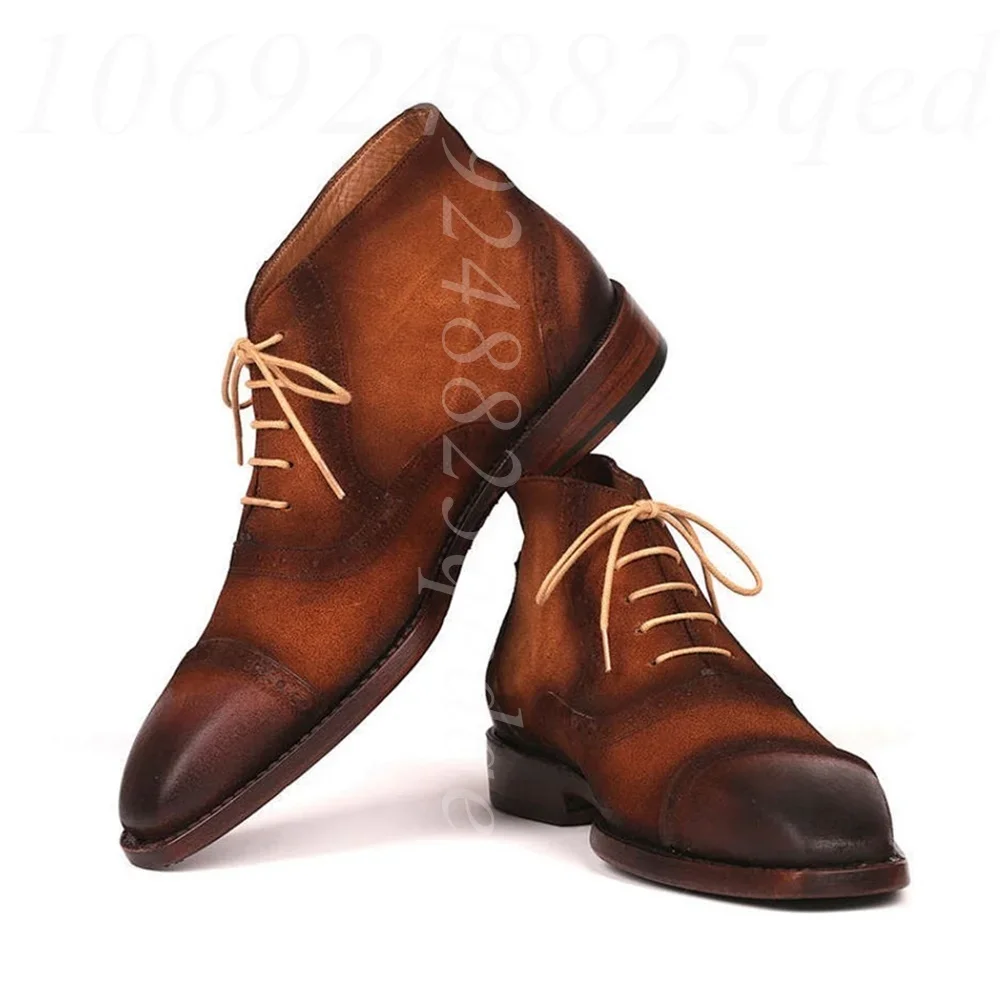 Men's Vintage Distressed Gradient Brown Cap Toe Brogue Ankle Boots, Lace-Up Chukka Boots with Hand-Rubbed Burnished Finish Shoes