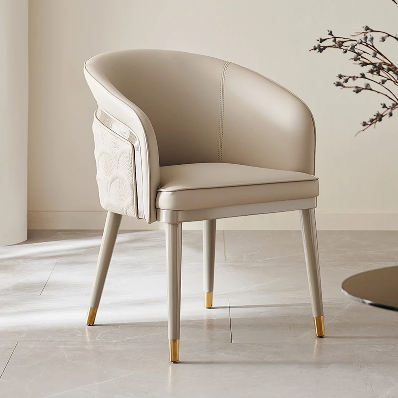 ir-Modern Beige Wood Dining Chair with Fan Embroidery Back Baked Paint Wrapped Armrest for Apartment Villa Hotel Use-