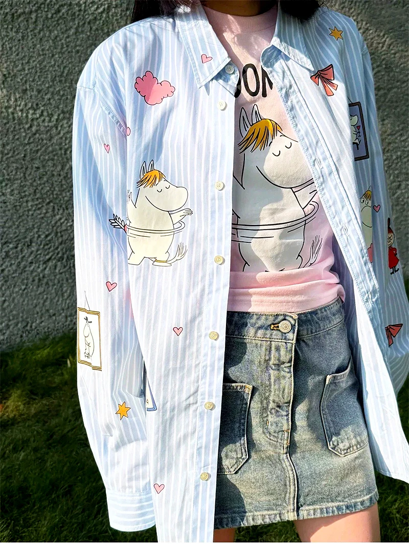

Cute Cartoon Print Women's Blouses Korean Fashion Long-Sleeve Striped Shirt Autumn New Look Casual Loose Tops Women Shirts SL103