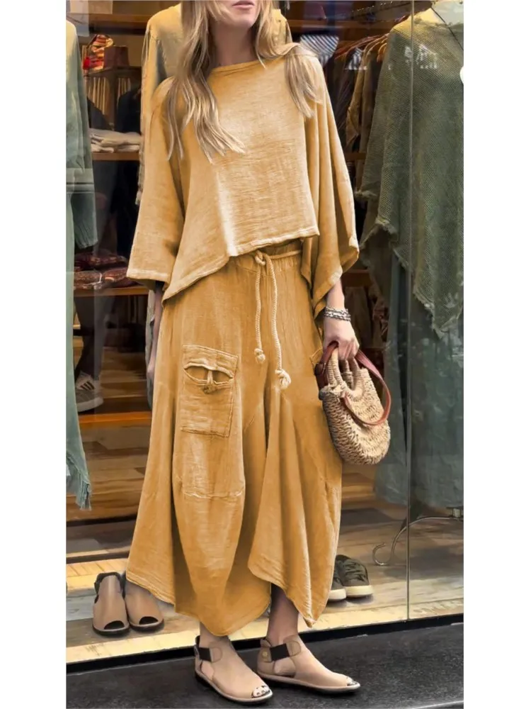 Fashionable O-neck Bell Sleeve Top + Skirt For Women Spring Summer Solid Color Pocket Lace Up Loose Casual Irregular Suit Female