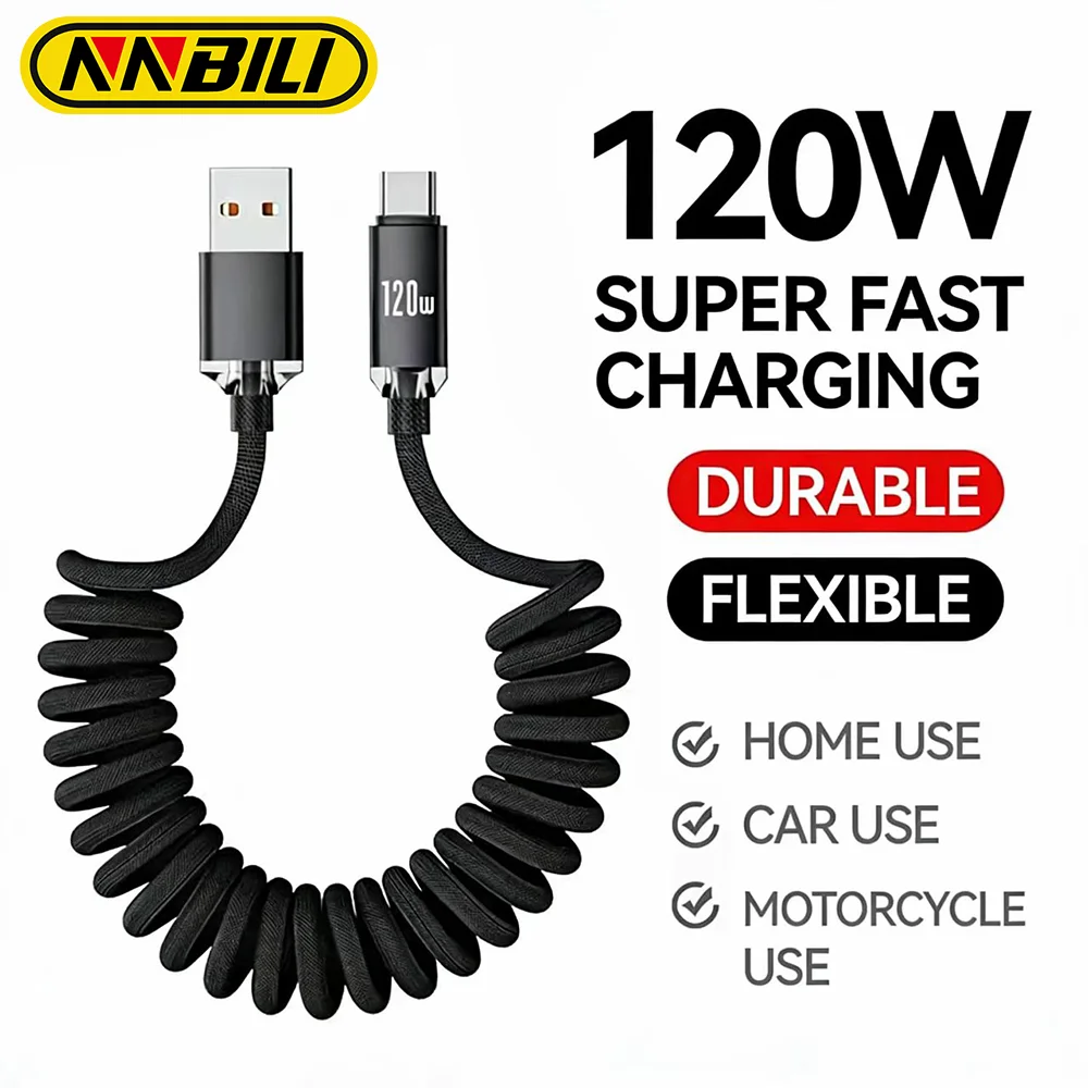 NNBILI 120W Car USB A to Type C Fast Charging For Honor Xiaomi Huawei Type C To Type C Spring Telescopic Cable For iPhone 18 17