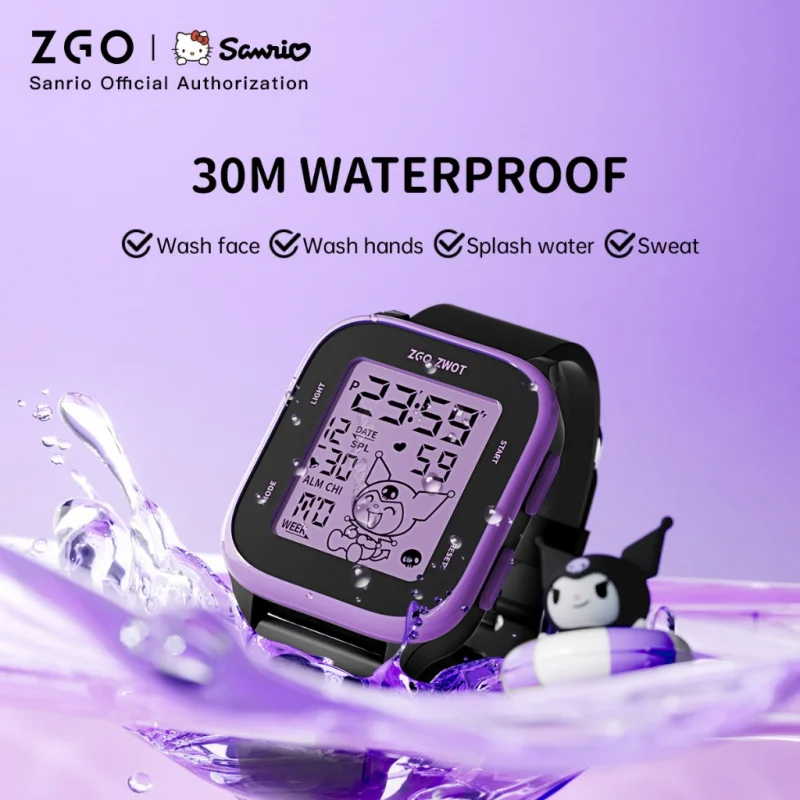 ZGO  Sanrio Kuromi Kids digital watch For girls Square Sporty Waterproof Electronic watch Alarm clock Gift 878