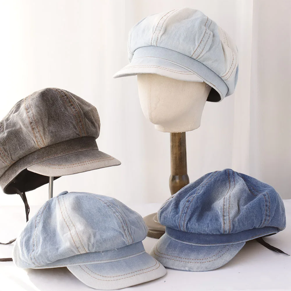 Casquette octogonale pour femmes, chapeau de journal en Denim, Protection solaire, printemps-automne, accessoire de rue décontracté pour voyage en plein air