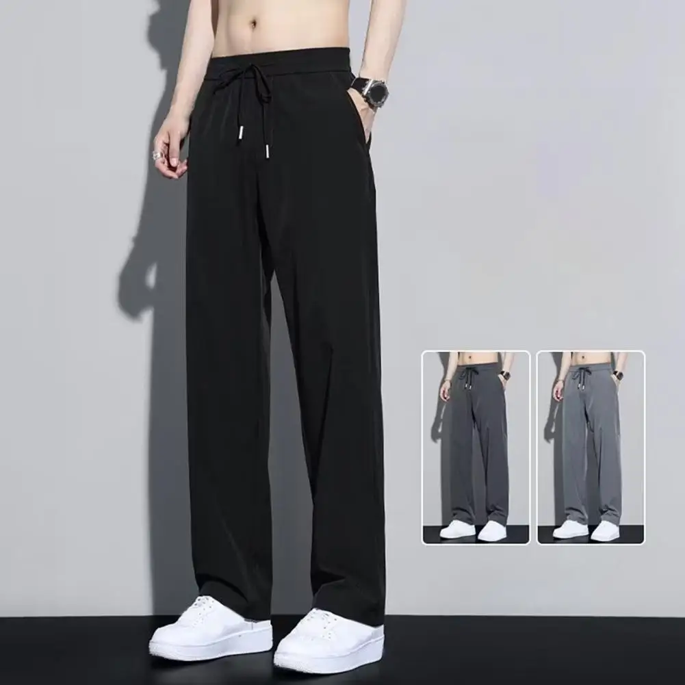 Reinforced Pocket Seams Pants Men's Ice Silk Suit Pants with Drawstring Elastic Waist Side Pockets for Gym Training Jogging