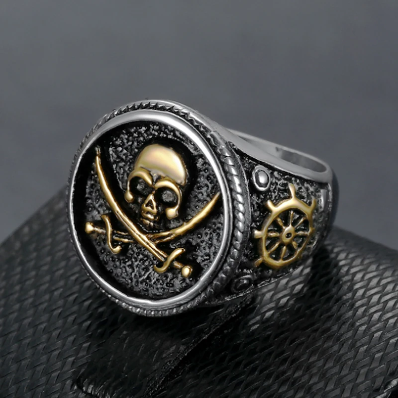 Vintage Men's Pirate Signet Double Knife Skull Ring Golden/Silver Color Stainless Steel Compass Goth Punk Ring Drop Shipping