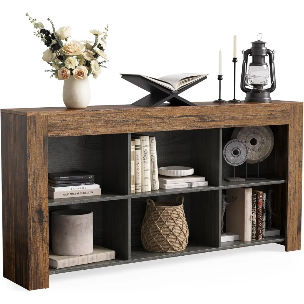 Console Table with Storage - 63-Inch Narrow Long Sofa Table for Entryway with 6 Cubes - Farmhouse Style Storage Shelves