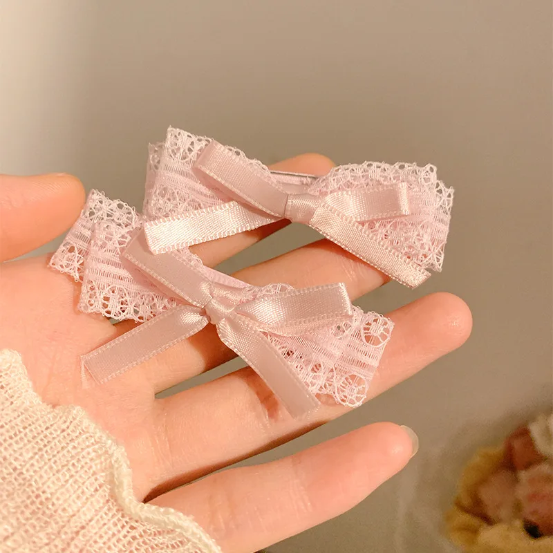 1pair Pink Ribbon Hair Bows Clips Lace Cute Headdress Zircon Bowknot Hairpin Girls Loli Cosplay Hair Accessories