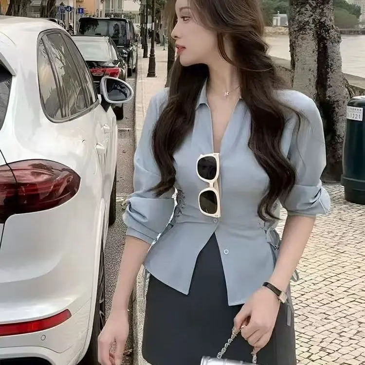 เสื้อเชิ้ตแขนยาวผู้หญิง ผ้าฝ้าย แต่งลูกไม้ ติดกระดุม ทรงหลวม คอปกพับ สไตล์เกาหลี ผู้หญิง น่ารัก สดใส วัยรุ่น ฤดูใบไม้ผลิ ใส่ทำงาน