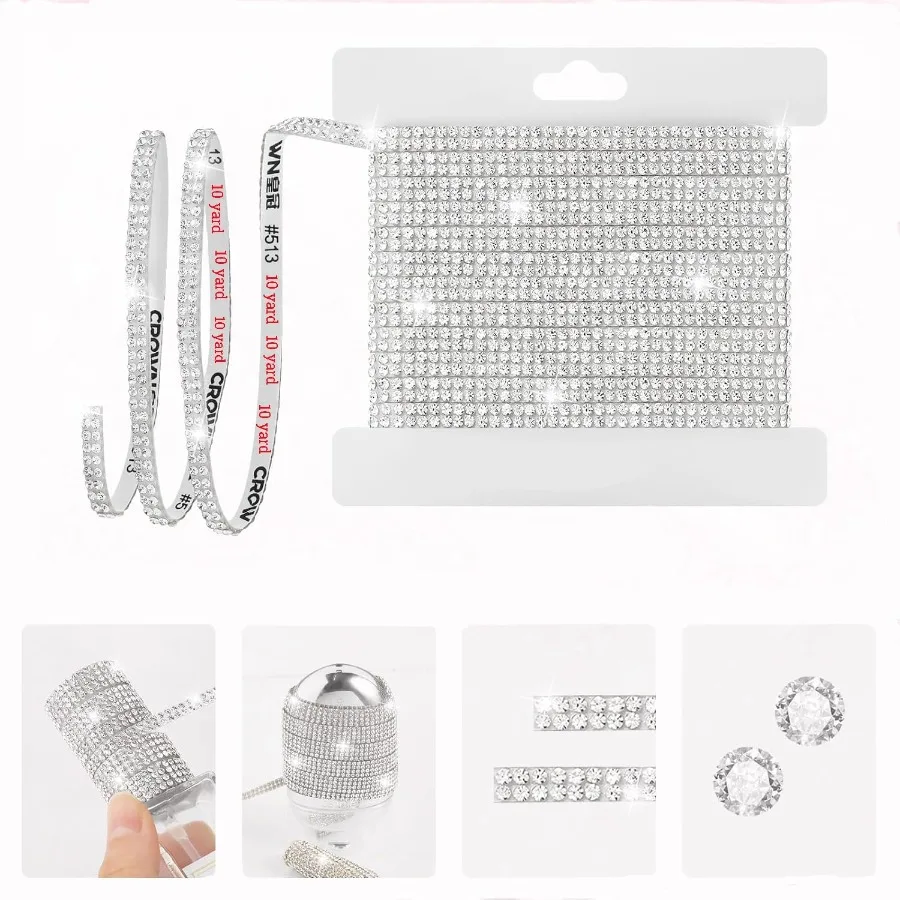 

10 ярдов лента со стразами, самоклеящиеся хрустальные стразы, 2 ряда, ослепительные полоски для рукоделия, домашний декор, прозрачный кристалл