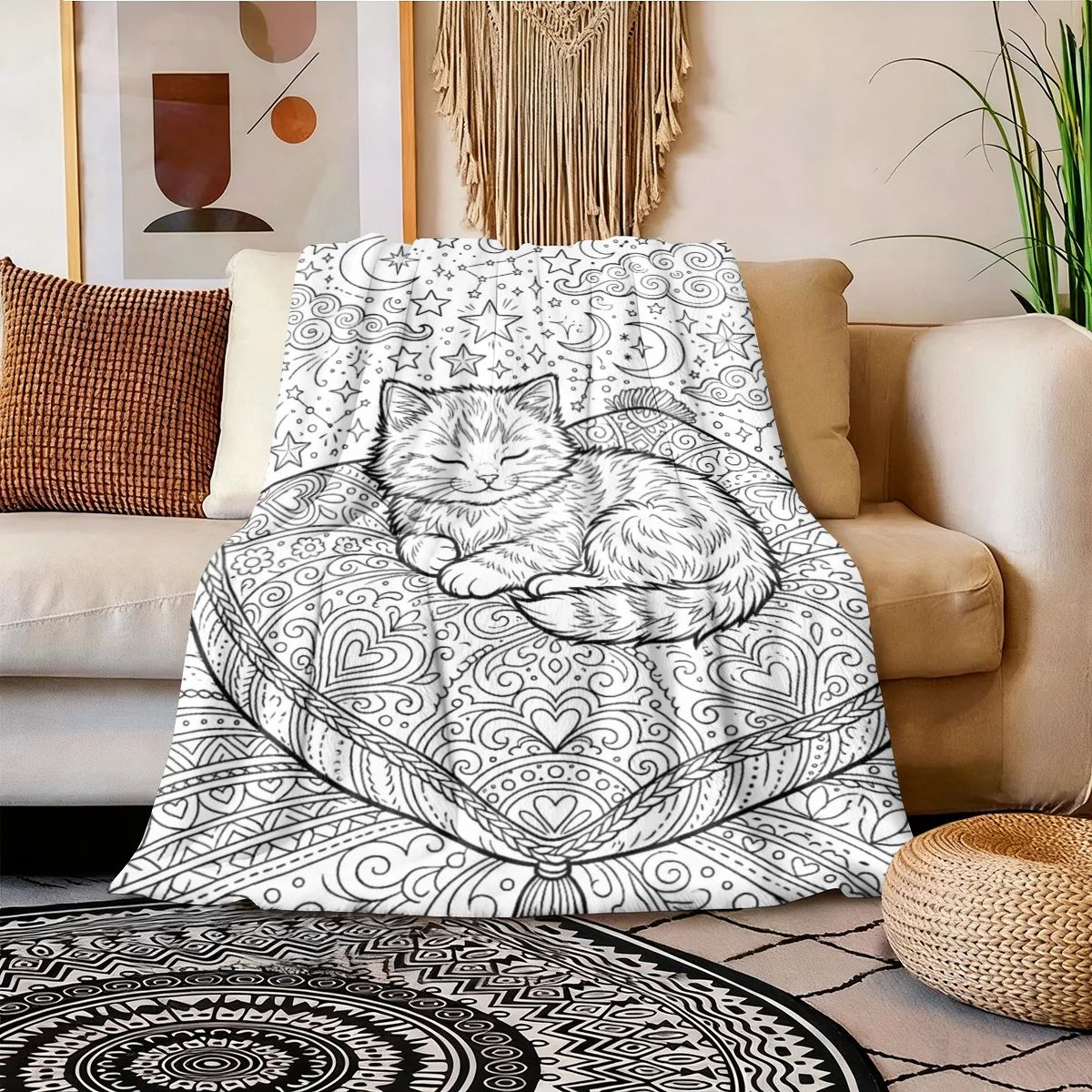 Whimsical Cat Line Art Throw Blanket Boho Decor Cozy Sofa Couch Plush Lap Blanket Black White Aesthetic Gift for Bedroom