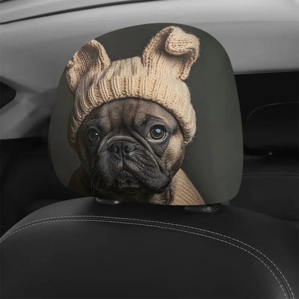 2PCS Knitted Cap French Bulldog Car Headrest Cover Washable And Easy To Clean Headrest Protector Elastic Design Auto Parts