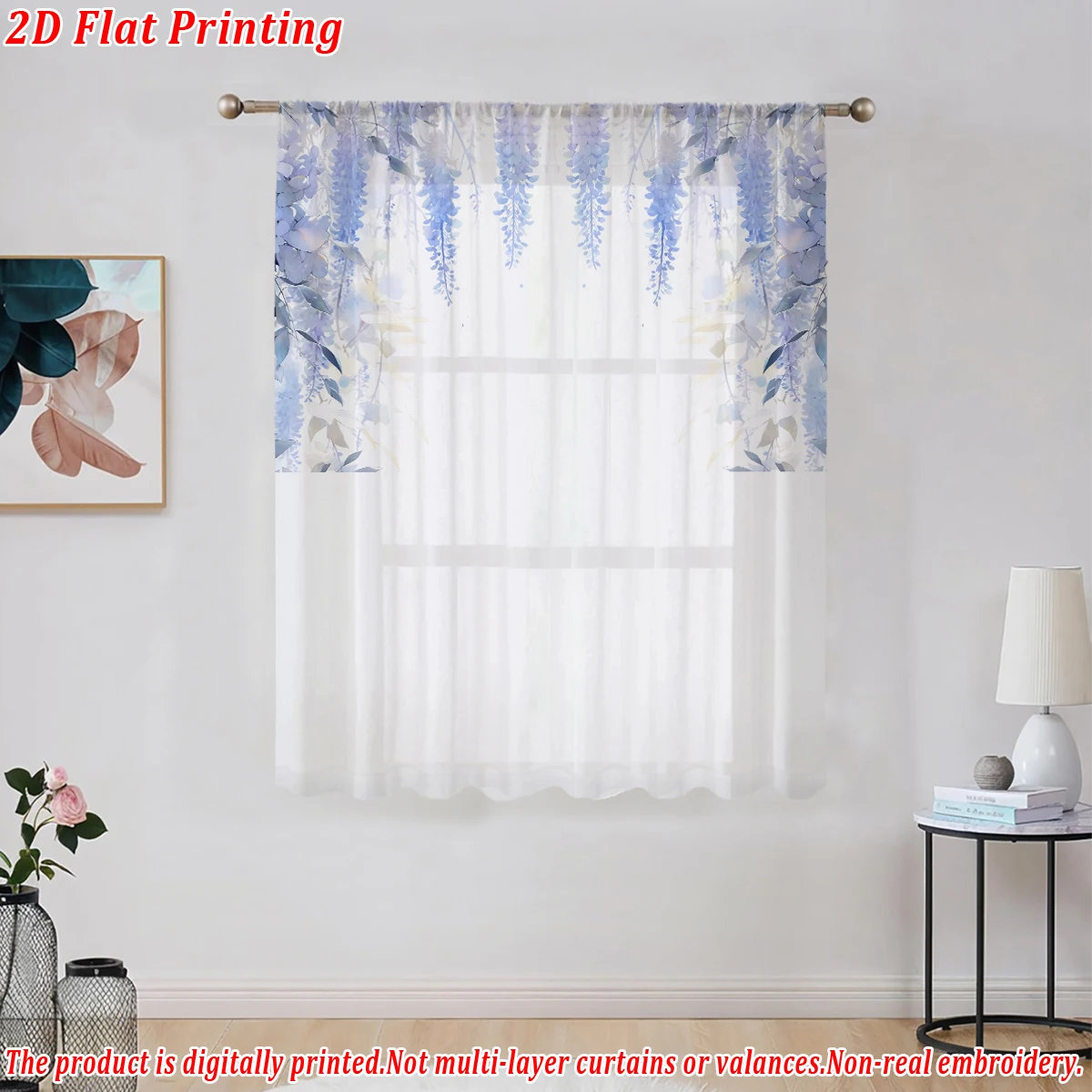 Cortina transparente com impressão plana de flores azuis, tecido leve, para sala de estar, quarto, porta de casa e decoração de janela
