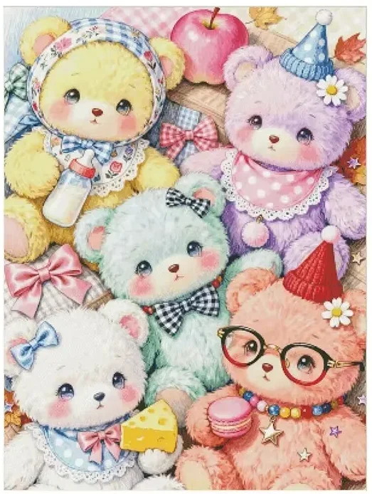 DIYSoft Pastel Kawaii Teddy Bear Diamond Painting Party Hat Bow Milk Macaron Cute Group Wall Decor Handmade Art Exquisite Gift