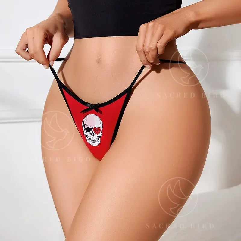 Halloween Underwear Women's Ice Silk Bow Tie Gothic Style Skull Personalized Comfortable Breathable Triangle Panties