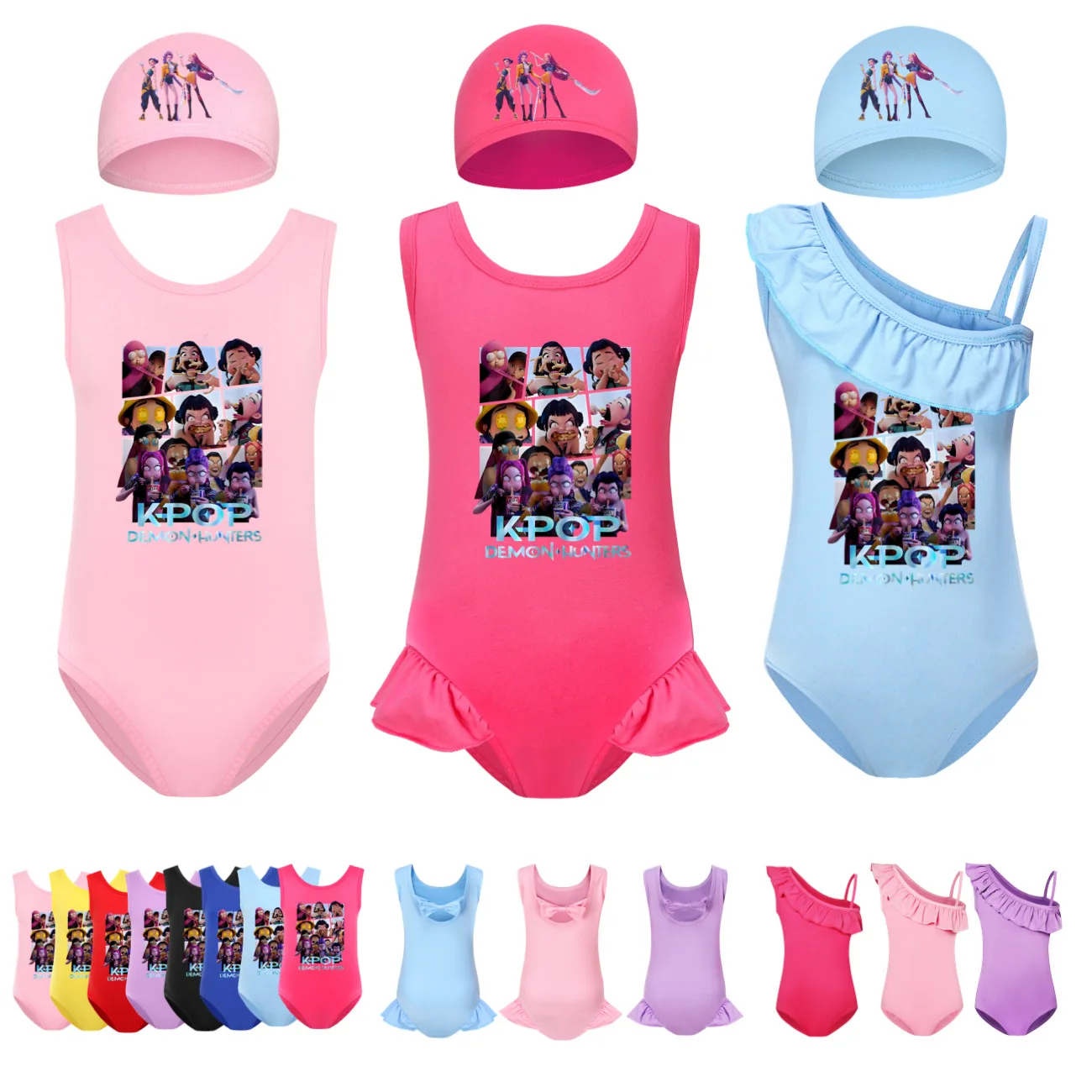 

KPop Demon Hunters Huntrix Toddler Girls 2pcs Swimwear Set -One Piece BeachWear Swimming Suit with Cap Cartoon Swimsuit for Kids
