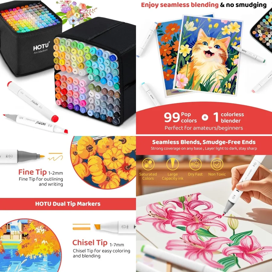 

Alcohol Markers 100 Colors Dual Tips for Adults Alcohol Based Markers with Chisel and Fine Tips Permanent Coloring Art Set for