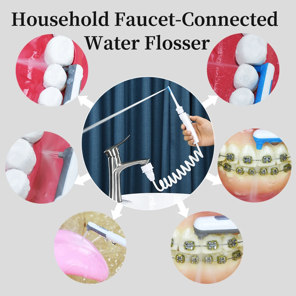 

Compact Portable Faucet Water Flosser No Charging No Filling Noiseless Affordable Durable Oral Cleaning Dental Cleaner with 2 Br