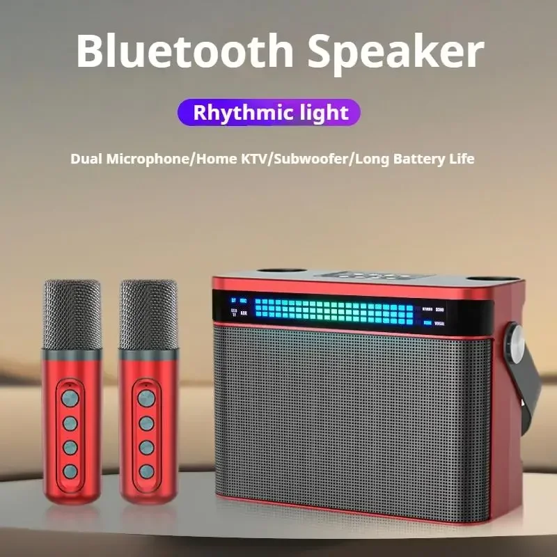 Portable Karaoke Machine 360 Surround Sound Colorful Lights Subwoofer Bluetooth Speaker Double Wireless Mic Home Party Outdoor